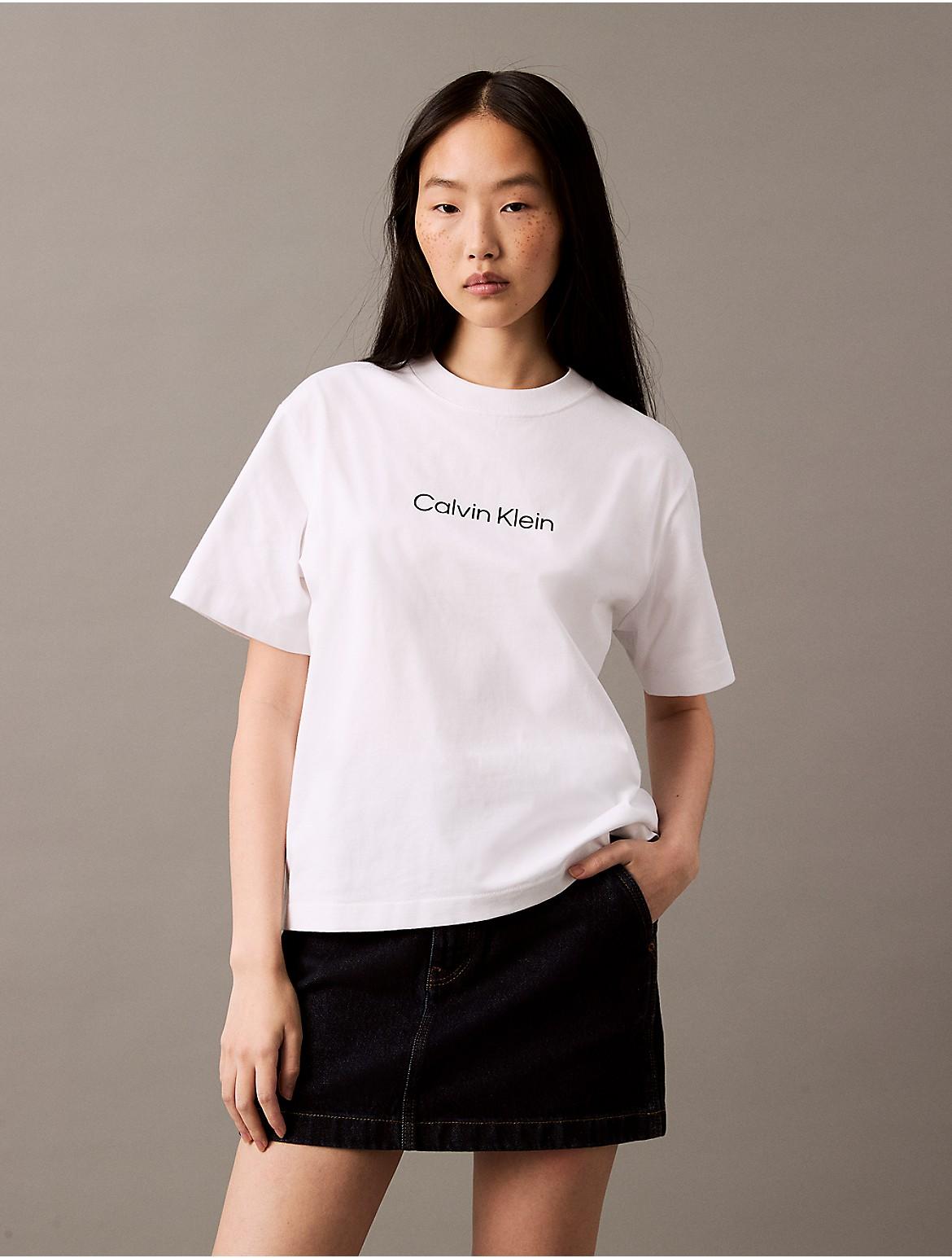 Calvin Klein Womens Standard Logo Boxy Fit Crewneck T-Shirt - White Product Image