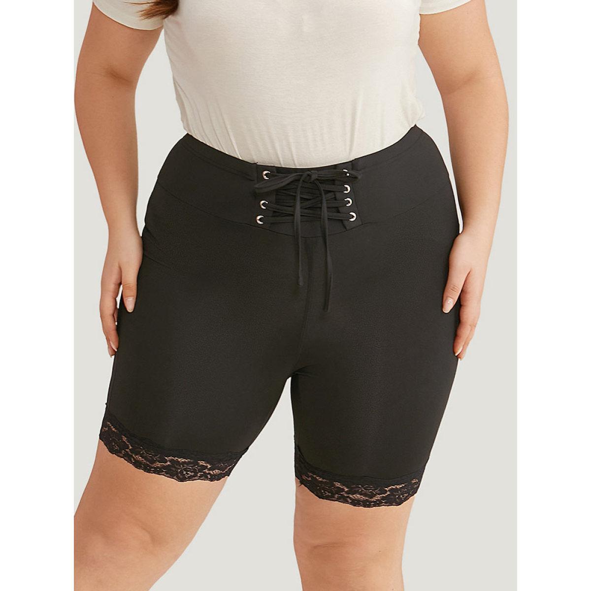 Plus Size Solid Lace Up Guipure Lace Leggings Women Black Casual High stretch Skinny Mid Rise Dailywear Leggings BloomChic 30/6X Product Image