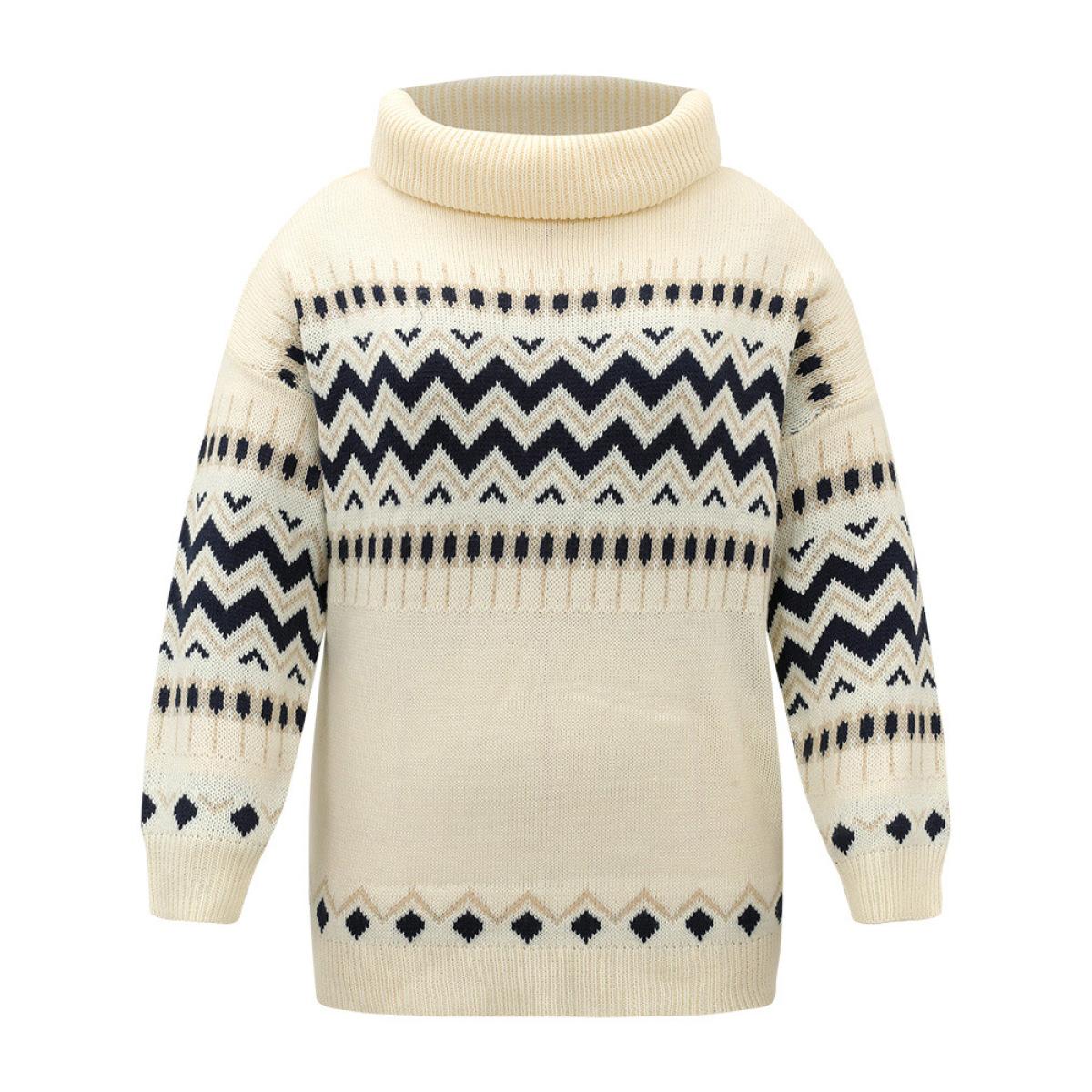 Plus Size Geometric Contrast Turtleneck Elastic Cuffs Pullover Ivory Women Casual Loose Long Sleeve Turtleneck Dailywear Pullovers BloomChic 18-20/2X Product Image