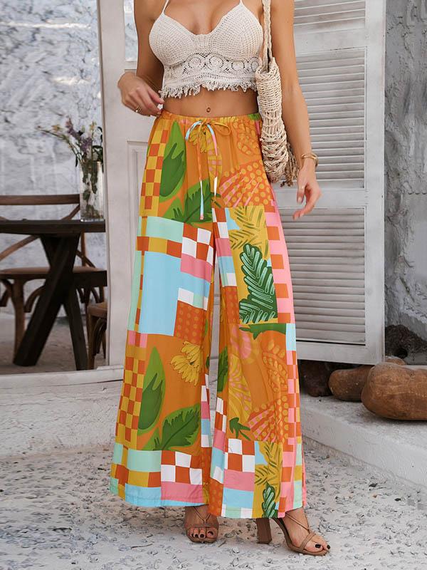 High Waisted Loose Contrast Color Drawstring Pockets Pants Trousers Product Image