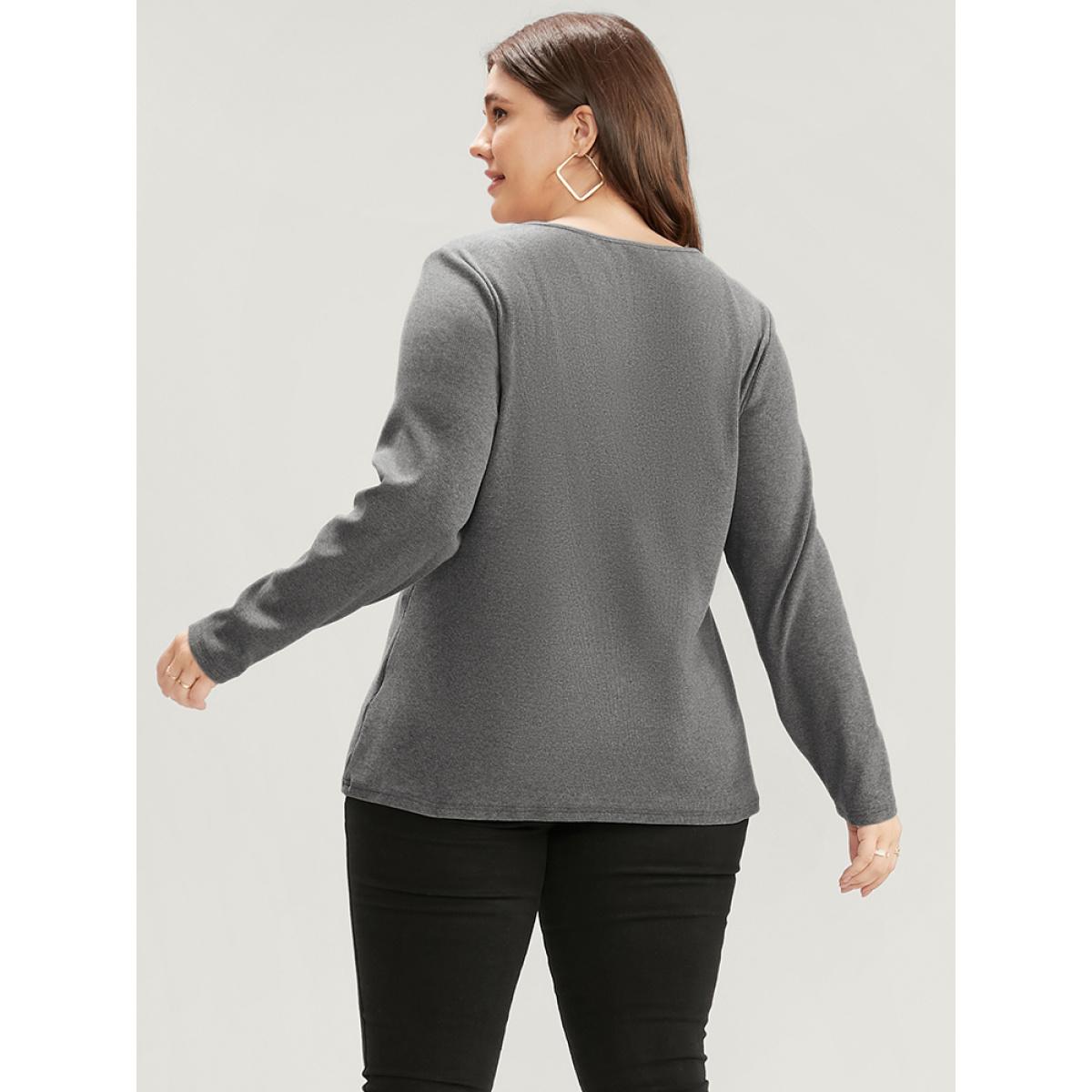 Plus Size Solid V Neck Crochet Lace Rib Knit Long Tee Gray Women Elegant Patchwork Plain V-neck Dailywear T-shirts BloomChic 10/M Product Image