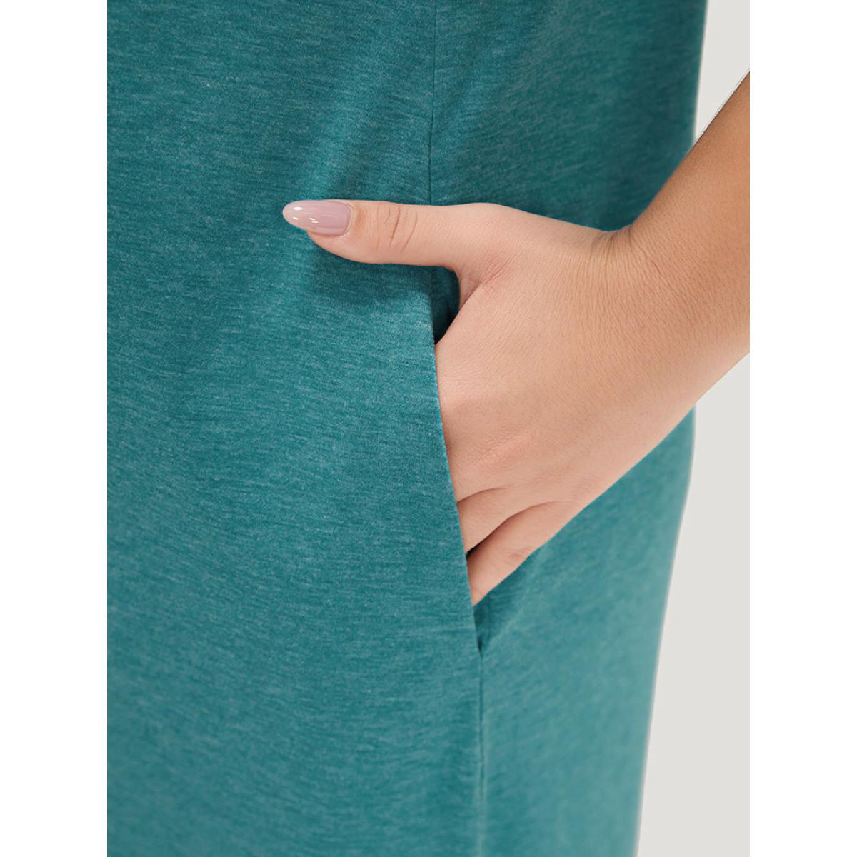 Plus Size Supersoft Essentials Solid Pocket Keyhole Petal Sleeve Dress Cerulean Women Casual Plain V-neck Short sleeve Curvy Midi Dress BloomChic 22-24/3X Product Image