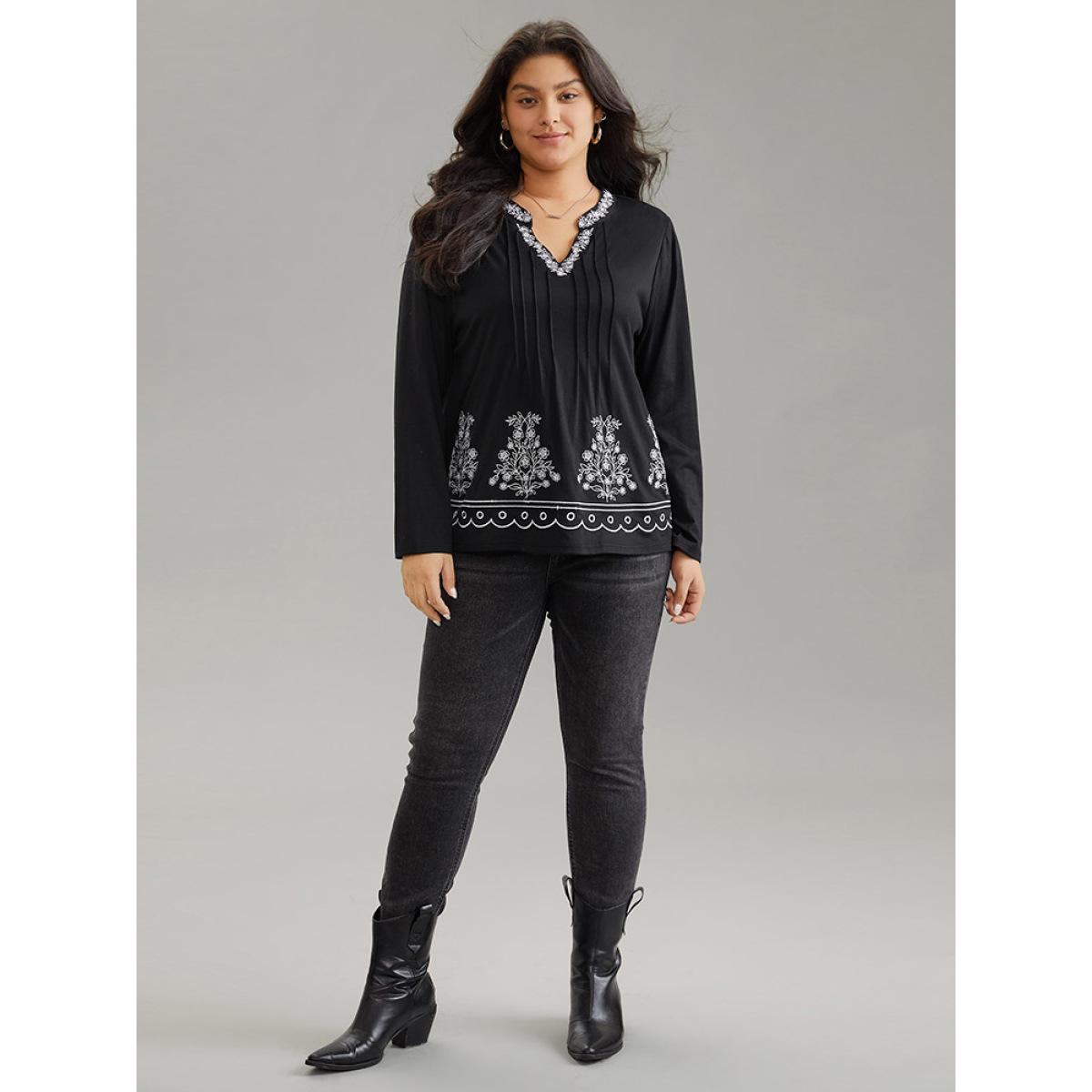 Plus Size Floral Embroidered Notched Pleated T-shirt Black Women Elegant Contrast Silhouette Floral Print Notched collar Dailywear T-shirts BloomChic 12/L Product Image