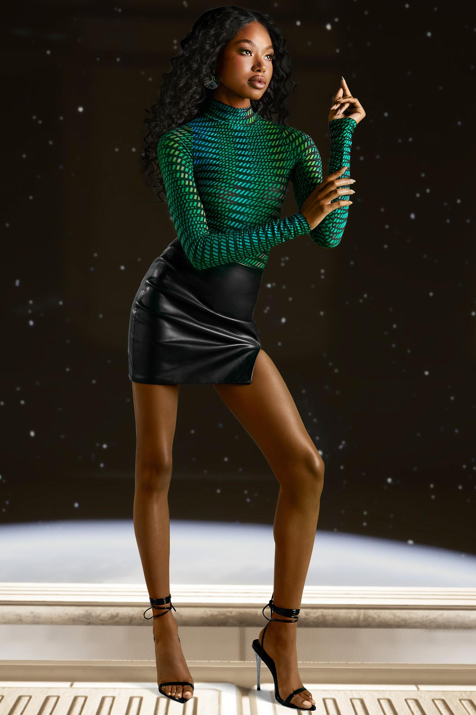 High Neck Mesh Bodysuit in Striped Print Product Image