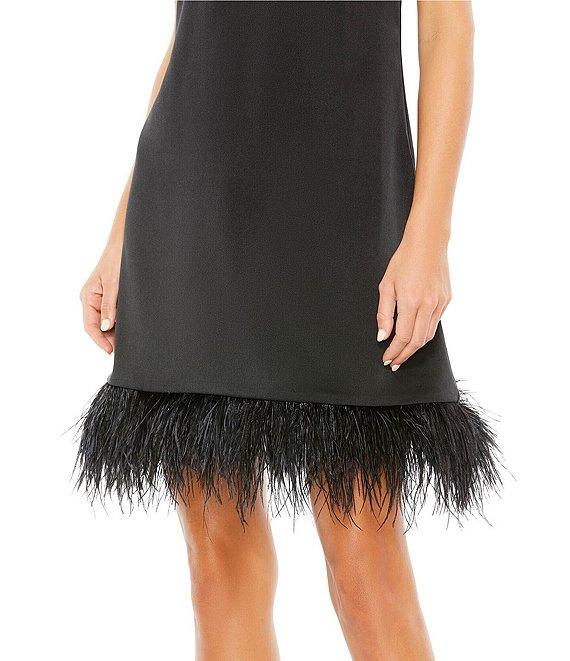 Mac Duggal Feather Trim Crew Neck Sleeveless Trapeze Mini Dress Product Image