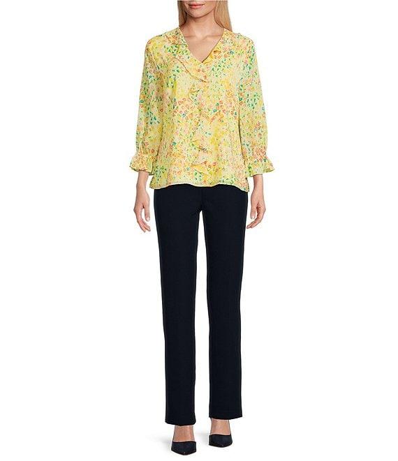 Investments Riley Woven Sunshine Clustered Buds Cascading Ruffle V-Neck 3/4 Sleeve Top Product Image