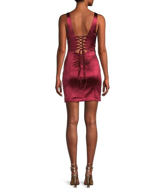 Honey and Rosie Sateen Deep V-Neck Corset Inspired Front Slit Lace Up Tie Back Dress Product Image