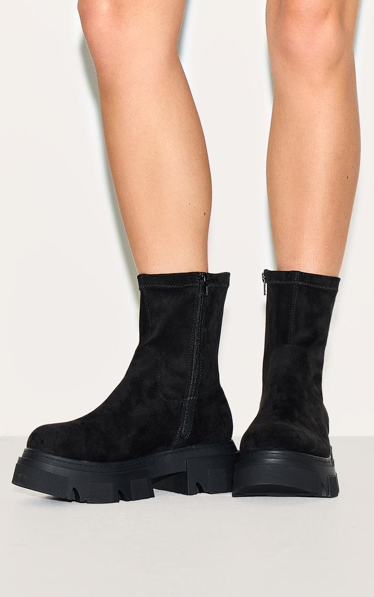 Black Wide Fit Faux Suede Extreme Cleated Sole Ankle Sock Boots Product Image