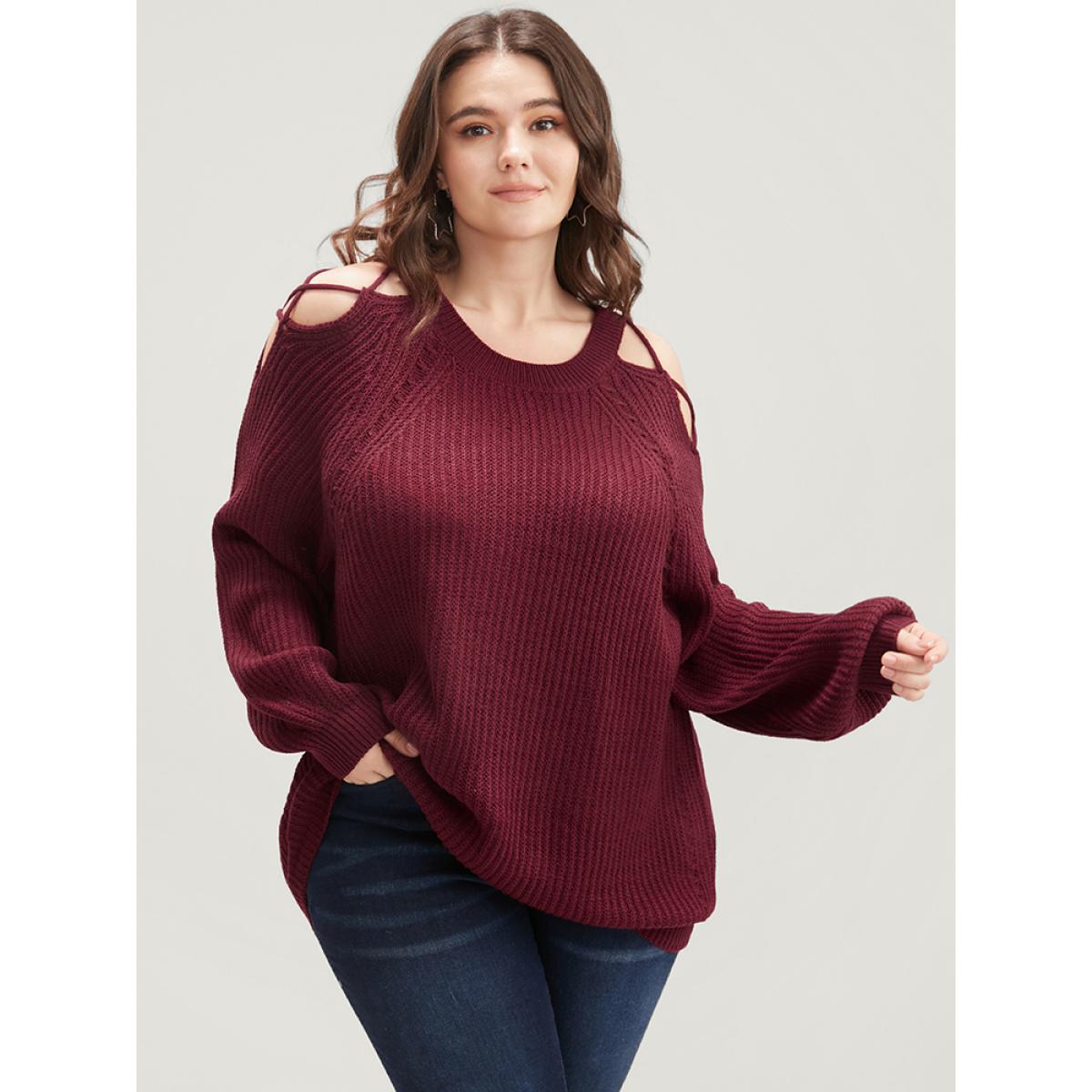 Plus Size Solid Pointelle Knit Cut Out Lantern Sleeve Knit Top Scarlet Women Elegant Loose Long Sleeve Round Neck Dailywear Pullovers BloomChic 22-24/3X Product Image