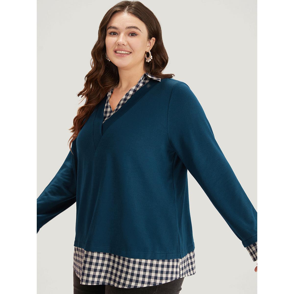 Plus Size Gingham Patchwork Shirt Collar Arc Hem Sweatshirt Women Blue Leisure Patchwork V-neck Casual Sweatshirts BloomChic 14-16/1X Product Image