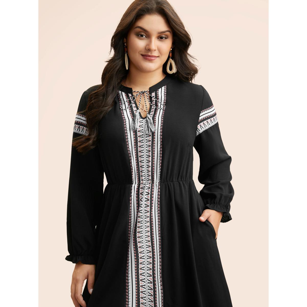 Plus Size Bandana Tie Knot Lantern Sleeve Dress Black Women Resort Woven ribbon&lace trim Flat collar with V-notch Long Sleeve Curvy BloomChic 18-20/2X Product Image
