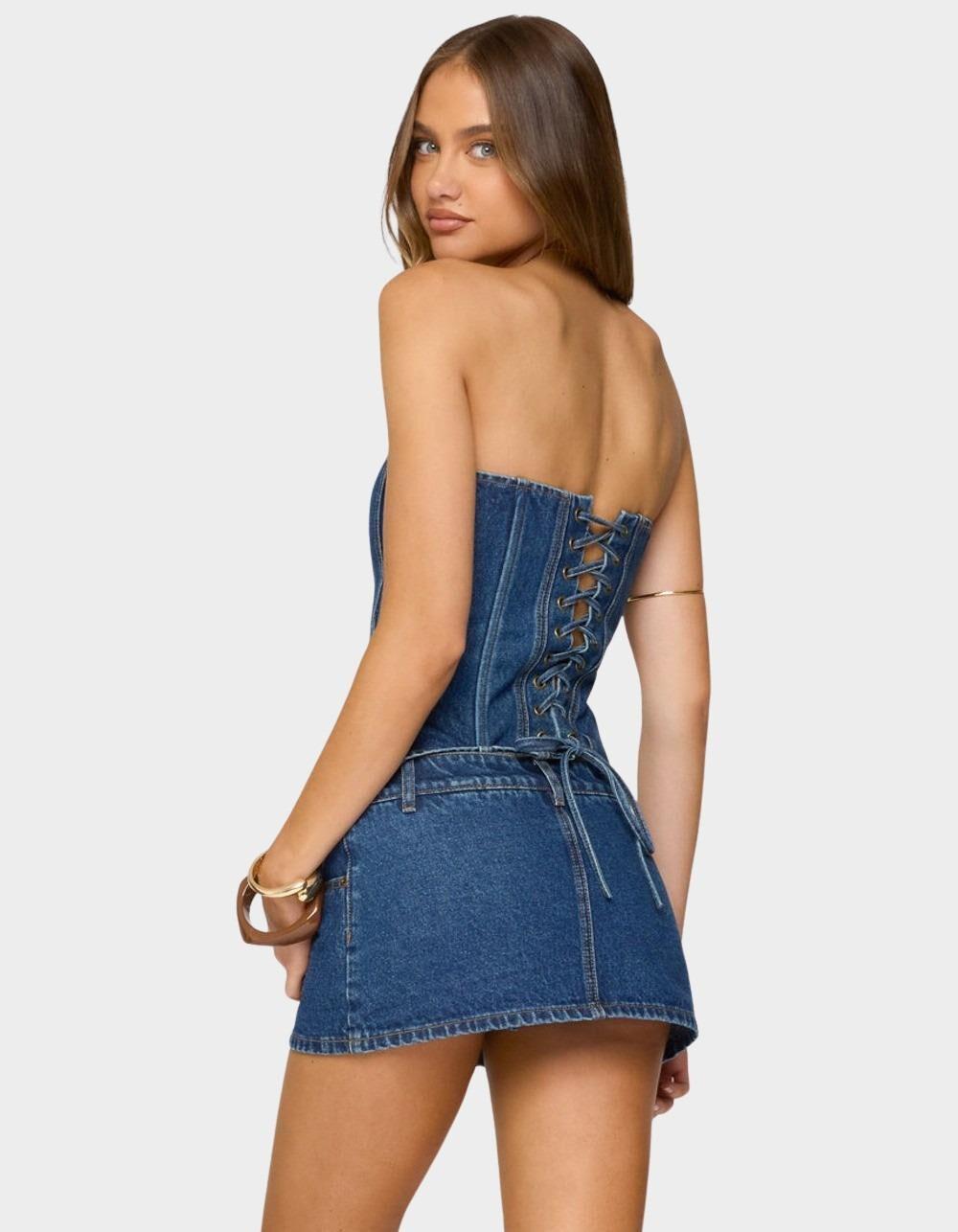 EDIKTED Camelia Strapless Denim Corset - LIGHT BLUE Product Image