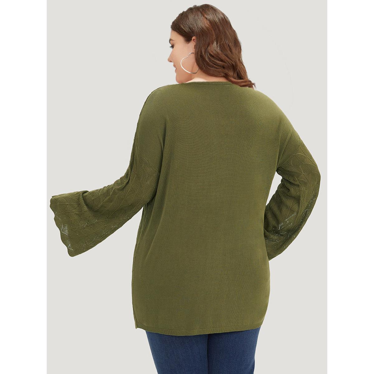 Plus Size Solid Ties Bell Sleeve Scalloped Trim Breathable Pullover Moss Women Casual Loose Long Sleeve V-neck Dailywear Pullovers BloomChic 28/5X Product Image