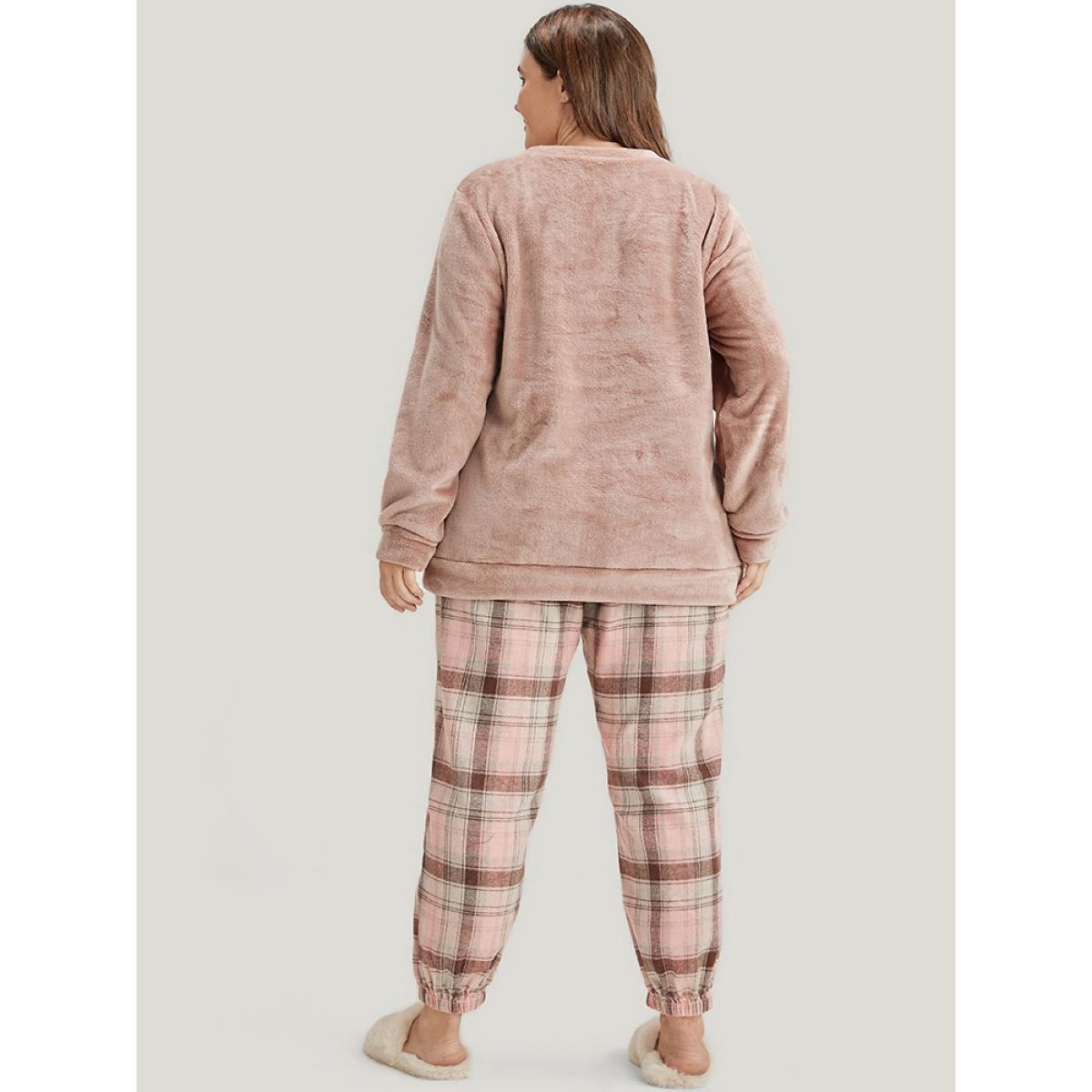 Plus Size Solid Flannel Round Neck Plaid Pajama Set Women Russet Plaid Elastic Waist Long Sleeve Round Neck Casual Loungewear Sets BloomChic 10/M Product Image