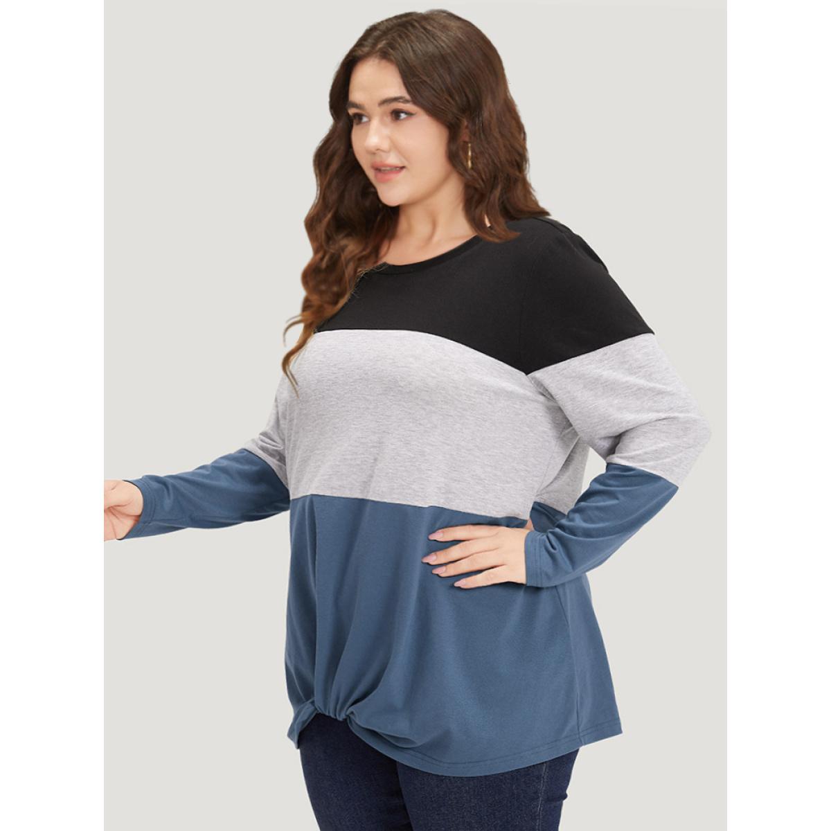 Plus Size Round Neck Twist Front Patchwork Contrast T-shirt Multicolor Women Casual Contrast Plain Round Neck Dailywear T-shirts BloomChic 12/L Product Image