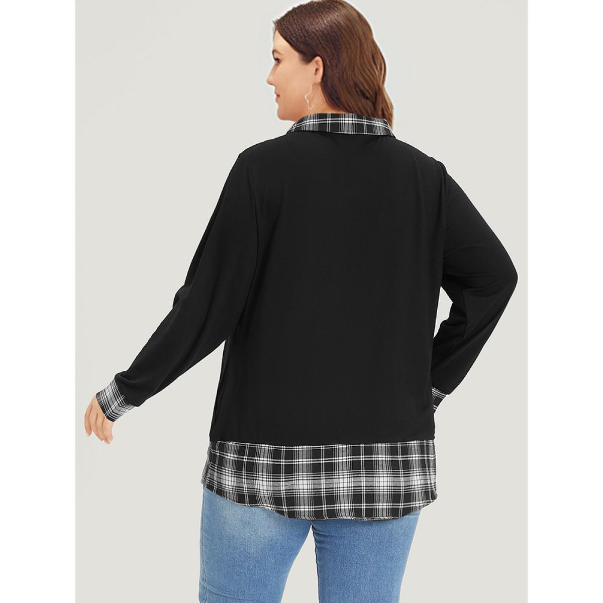 Plus Size Plaid Patchwork Shirt Collar Arc Hem Sweatshirt Women Black Casual Patchwork Polo Dailywear Sweatshirts BloomChic 28/5X Product Image