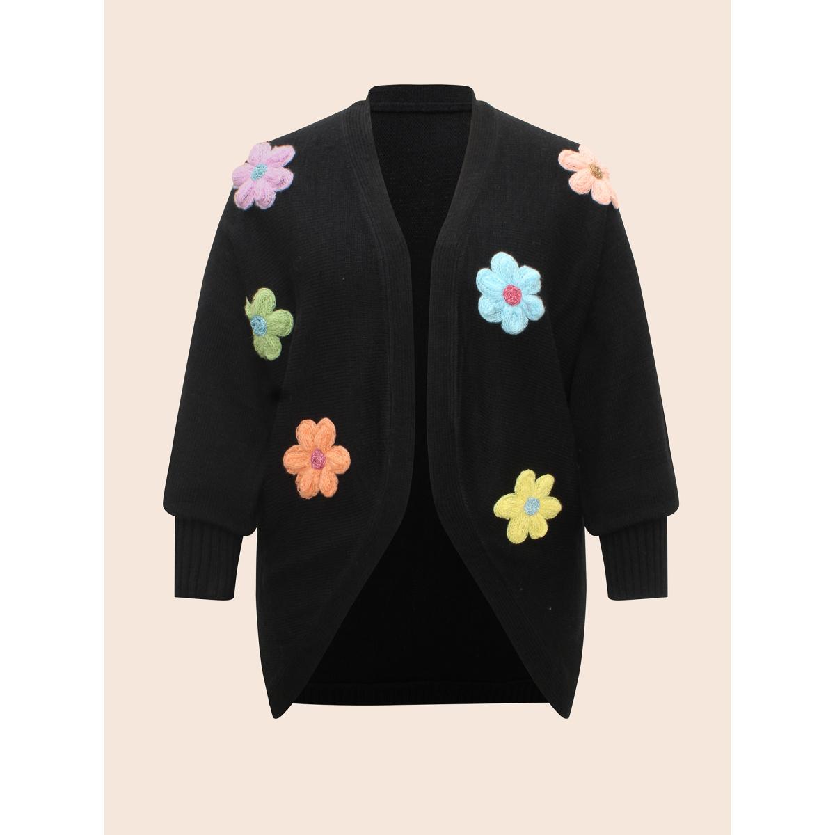 Plus Size Stereo Flower Design Drop Shoulder Cardigan Black Women Casual Loose Long Sleeve Everyday Cardigans BloomChic 30/6X Product Image