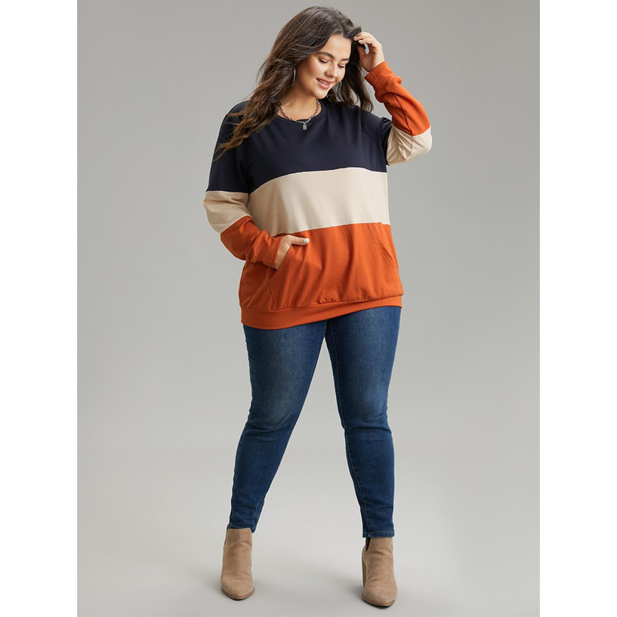 Plus Size Colorblock Contrast Crew Neck Kangaroo Pocket Sweatshirt Women Multicolor Casual Contrast Round Neck Dailywear Sweatshirts BloomChic 14-16/1X Product Image