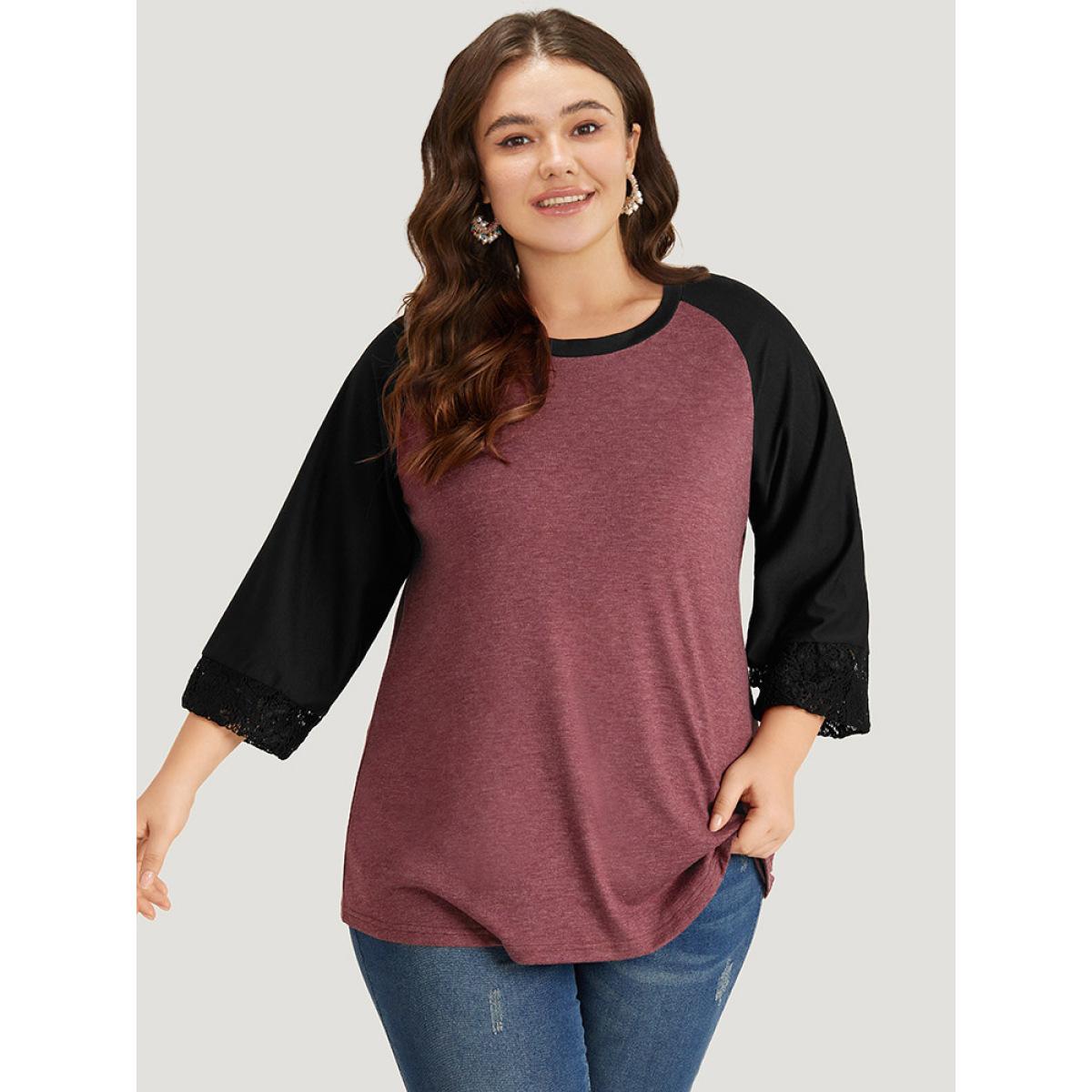 Plus Size Round Neck Lace Patchwork Raglan Sleeve T-shirt Russet Women Elegant Elastic cuffs Plain Round Neck Dailywear T-shirts BloomChic 28/5X Product Image
