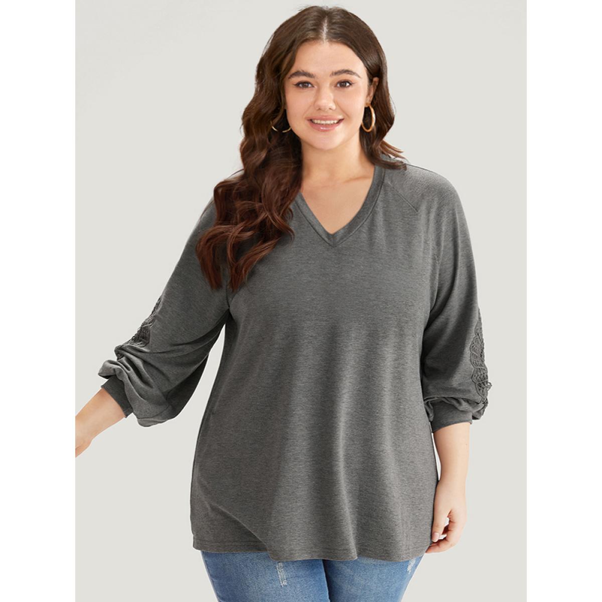 Plus Size Plain Guipure Lace V Neck Raglan Sleeve Sweatshirt Women Gray Elegant Plain V-neck Dailywear Sweatshirts BloomChic 12/L Product Image