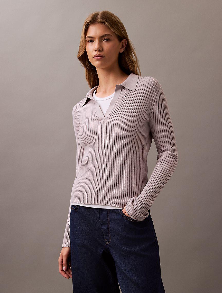Smooth Cotton Rib Long Sleeve Polo Sweater Product Image