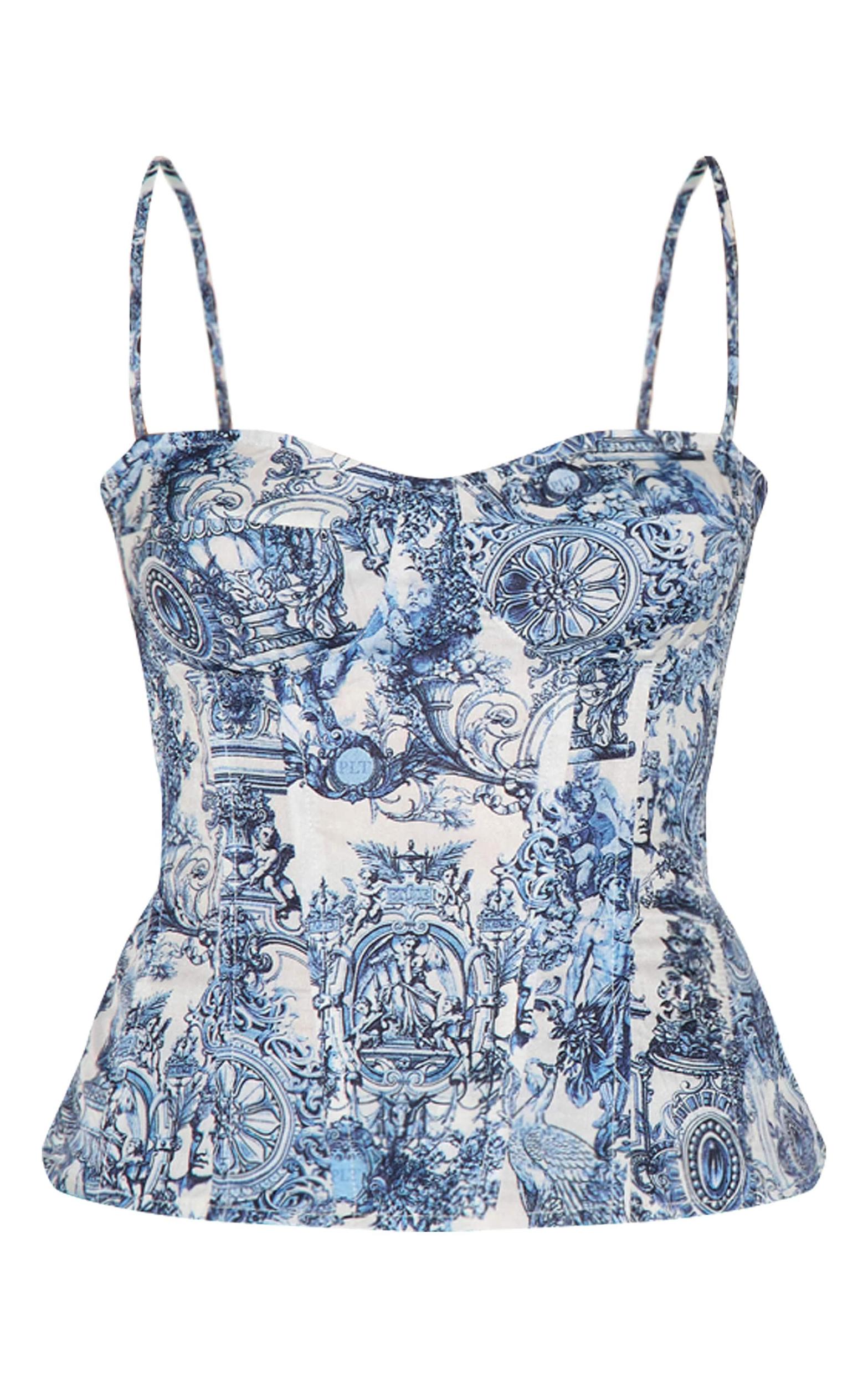 Blue Renaissance Print Structured Corset Top Product Image