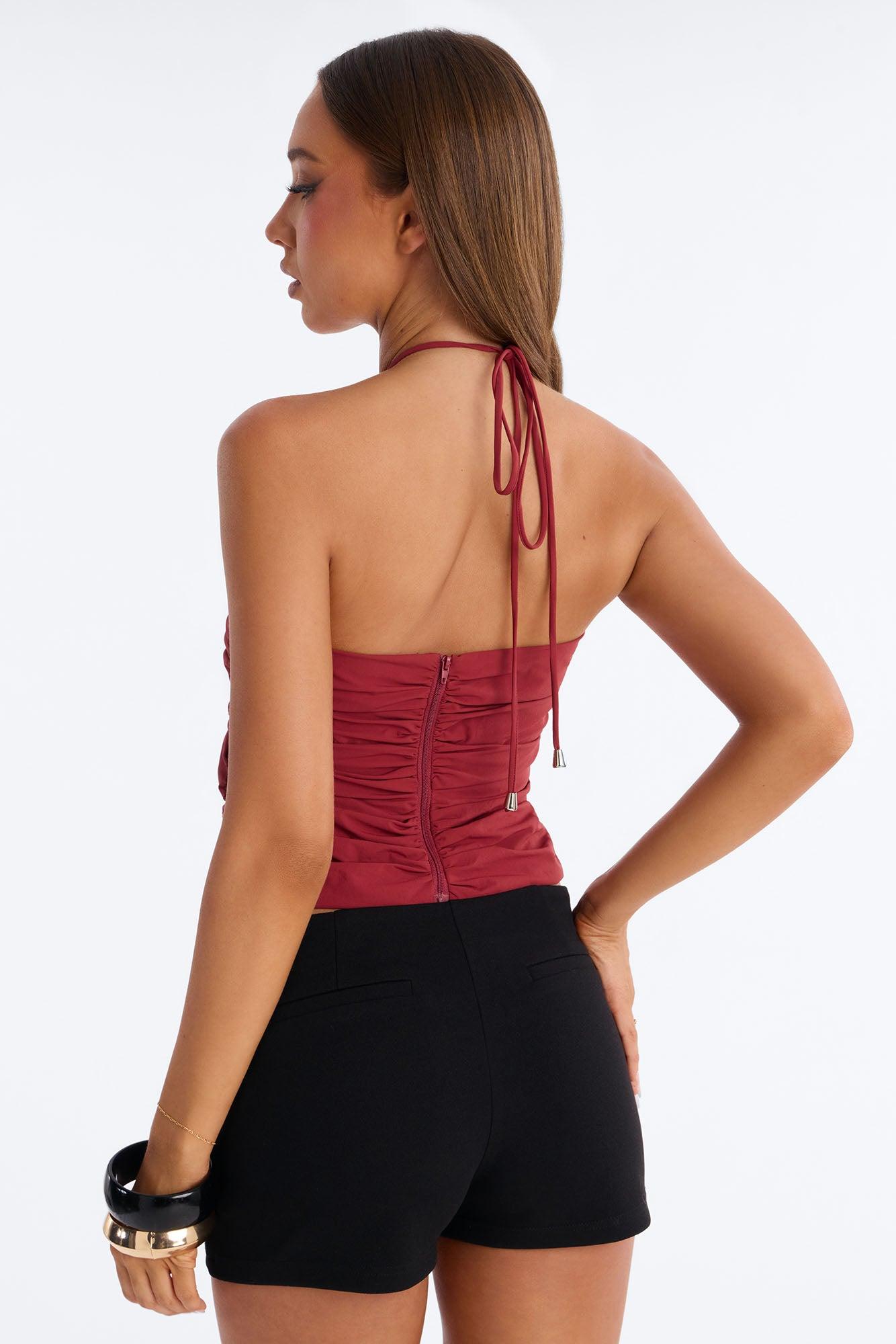 Cute Enough Asymmetrical Nylon Halter Top - Red Female Product Image