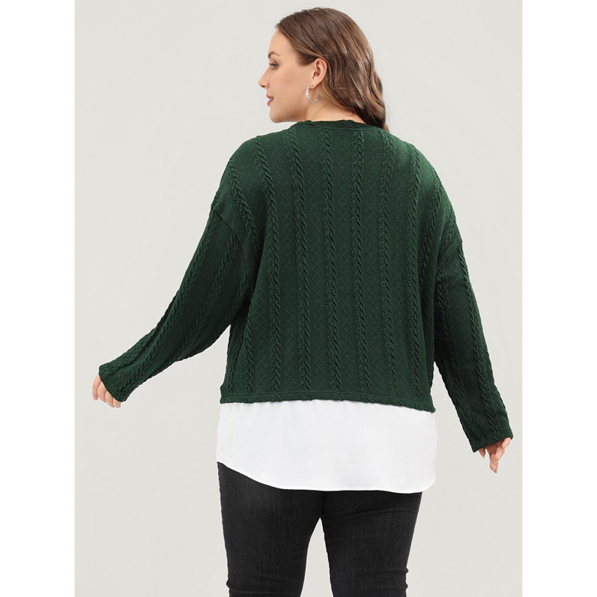Plus Size Solid Patchwork Textured Asymmetrical Hem 2-In-1 Sweatshirt Women Green Casual Patchwork Round Neck Dailywear Sweatshirts BloomChic 18-20/2X Product Image