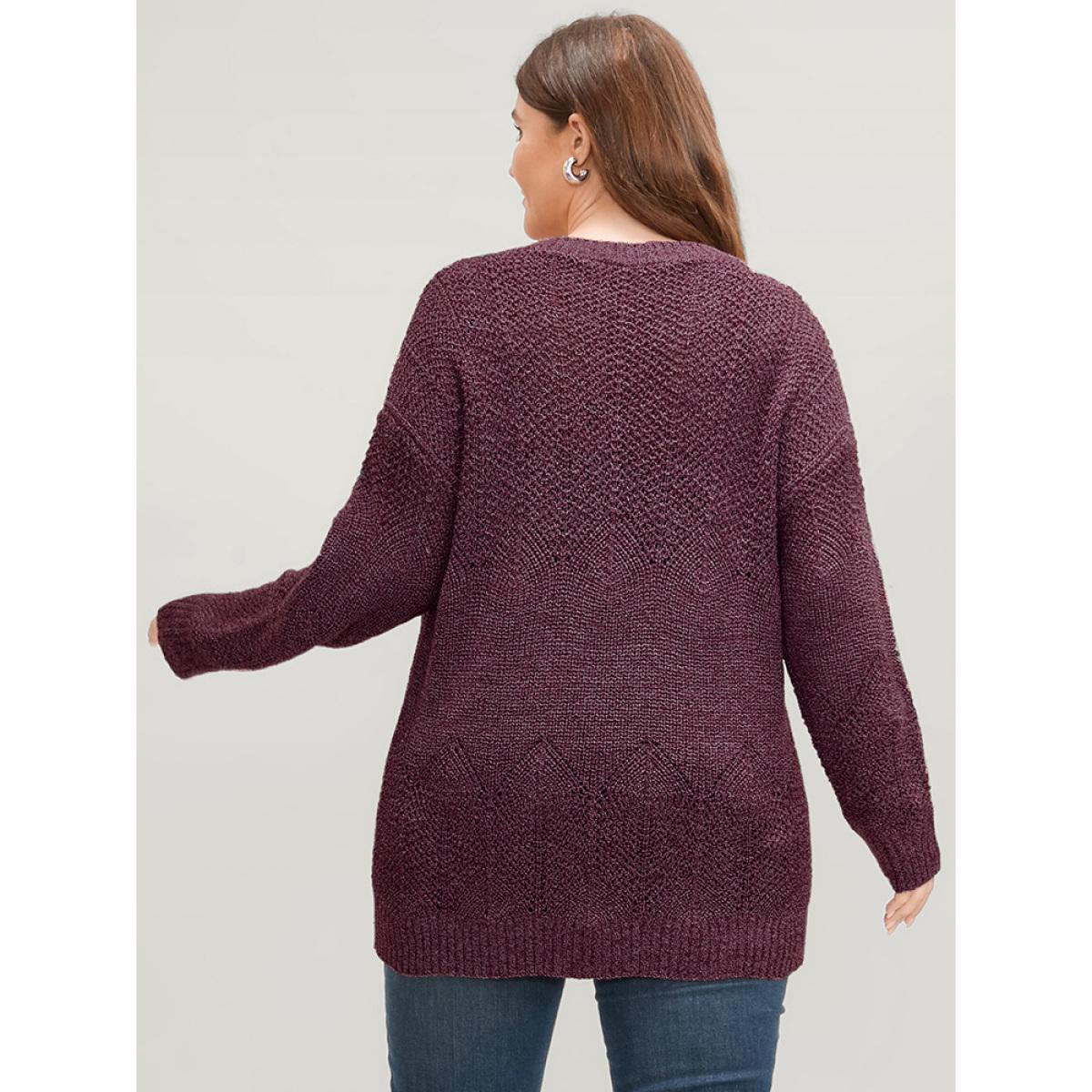 Plus Size Solid Pointelle Knit Eyelet V Neck Heather Knit Top Russet Women Elegant Loose Long Sleeve V-neck Dailywear Pullovers BloomChic 18-20/2X Product Image