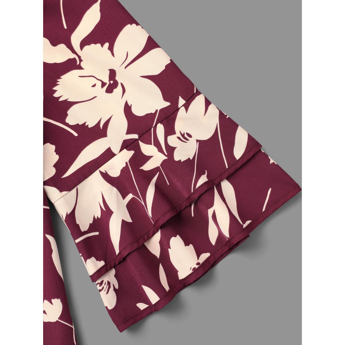 Plus Size Plum Silhouette Floral Print Tiered Ruffles Blouse Women Elegant Elbow-length sleeve Round Neck Everyday Blouses BloomChic 12/L Product Image