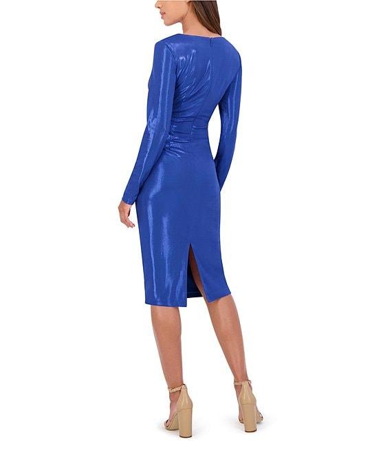 SIENA Foiled Knit V-Neck Long Sleeve Front Twist Sheath Dress Product Image