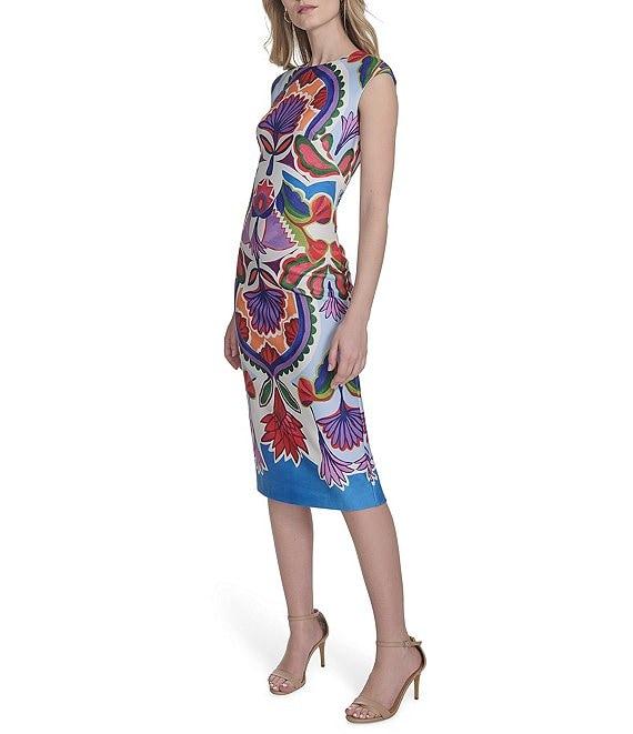 Vince Camuto Printed Boat Neck Cap Sleeve Midi Bodycon Dress Product Image