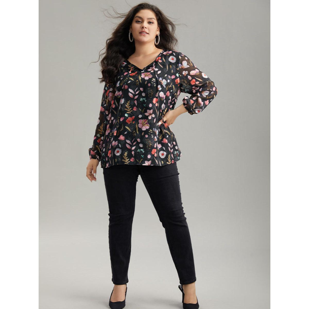 Plus Size BlackFlower Floral Print Chiffon Knot Neck Lantern Sleeve Blouse Women Elegant Long Sleeve Tie Neck Dailywear Blouses BloomChic 22-24/3X Product Image