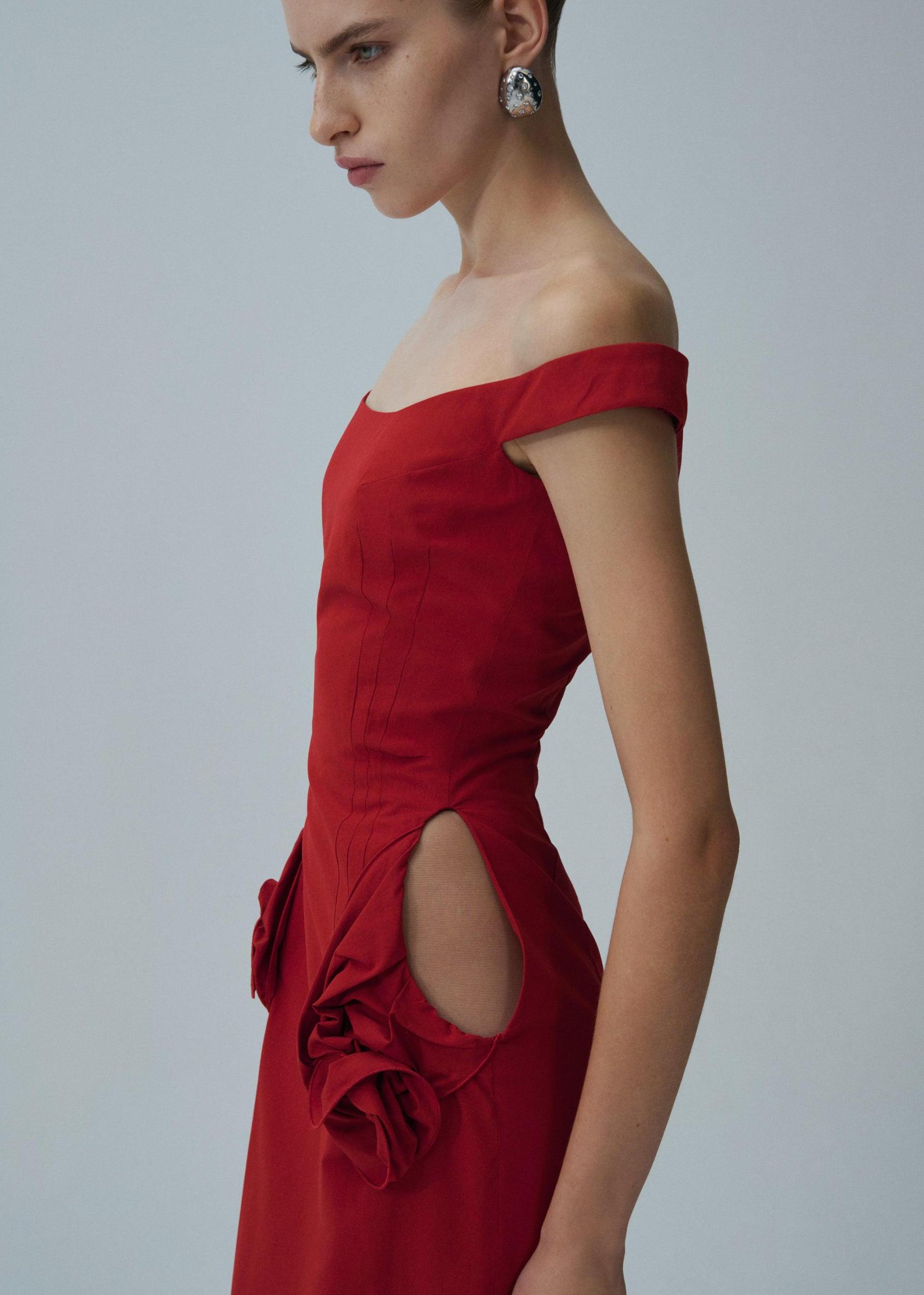 Floral side cut out midi dress in red Product Image