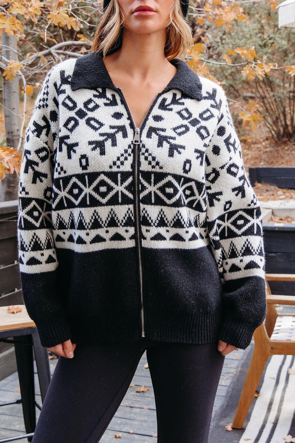 Black Aztec Print Zip Up Sweater Cardigan - FINAL SALE Female Product Image