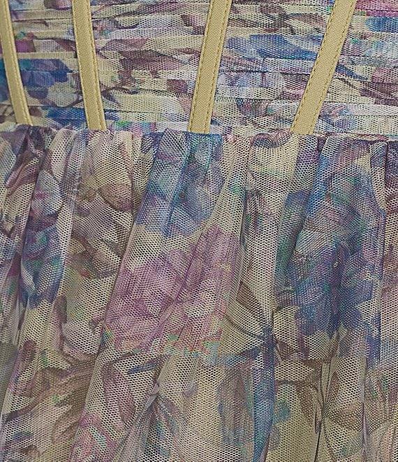 Blondie Nites Floral Mesh V-Neck Spaghetti Strap Corset Tiered A-Line Dress Product Image