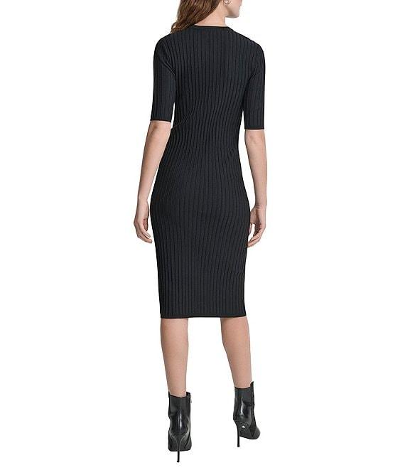 DKNY by Donna Karan Ribbed Knit V-Neck Short Sleeve Zip Front Midi Sheath Dress Product Image
