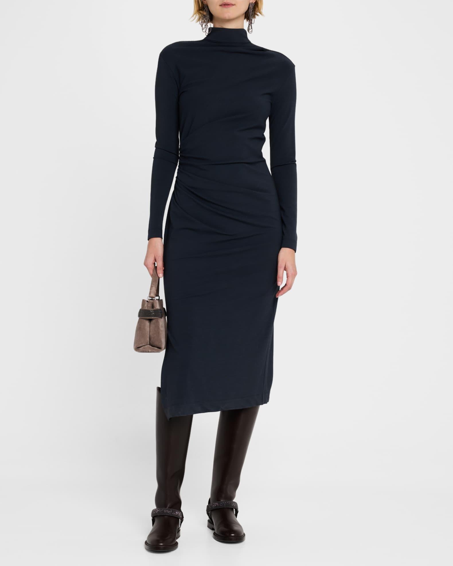 Synched-Waist Wool Jersey Long-Sleeve Midi Dress Product Image