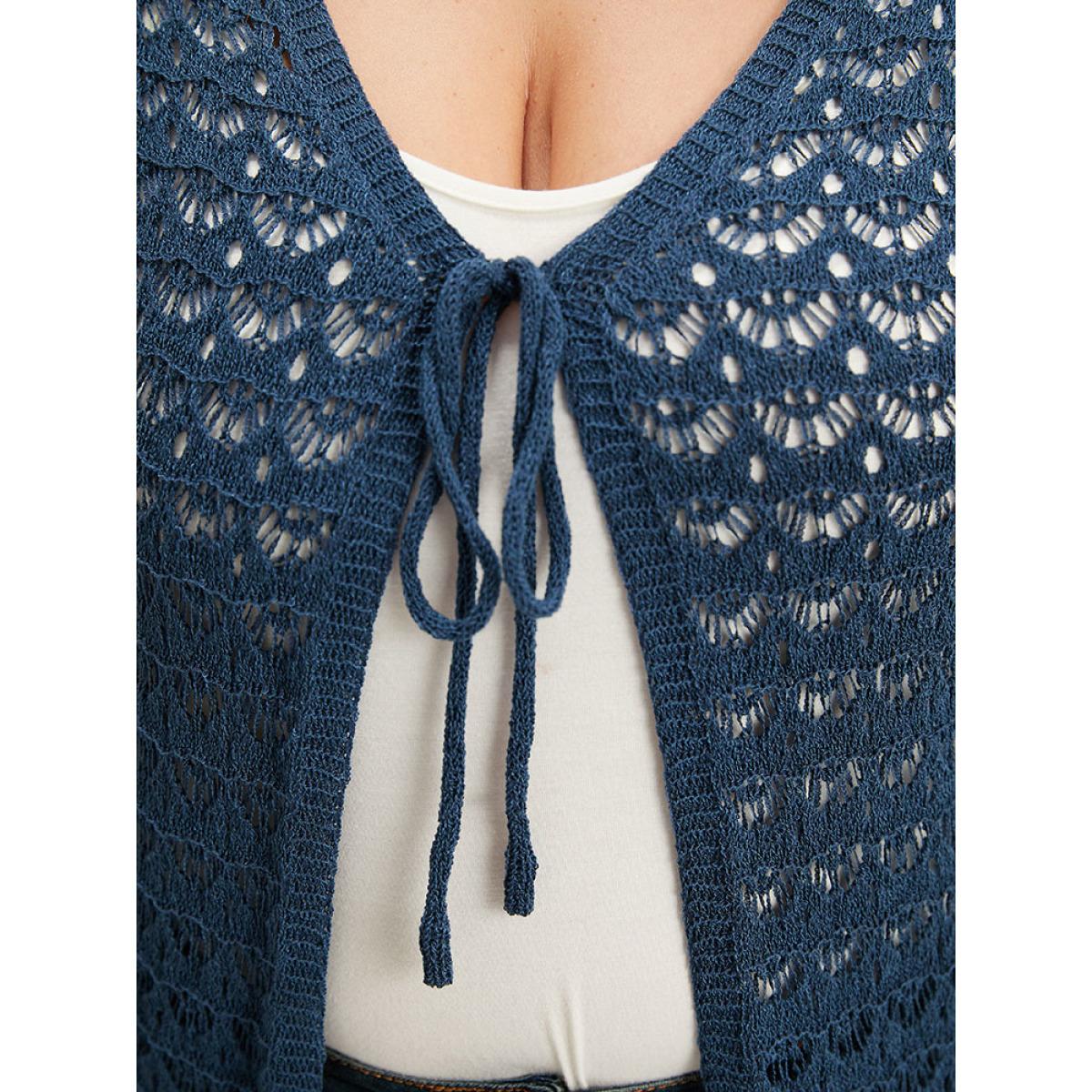 Plus Size Solid Eyelet Ties Front Bell Sleeve Cardigan Indigo Women Casual Loose Long Sleeve Dailywear Cardigans BloomChic 14-16/1X Product Image