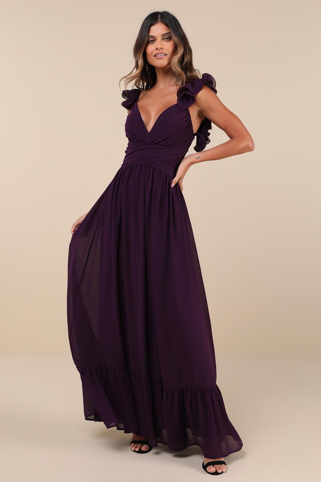 Soiree Celebration Purple Ruffled Lace-Up Maxi Dress Product Image