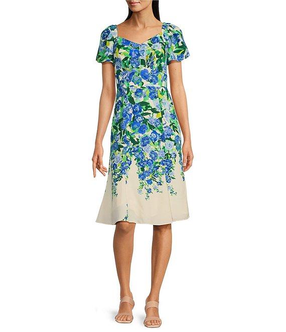 Maggy London Floral Sweetheart Neck Short Flutter Sleeve Midi Dress Product Image