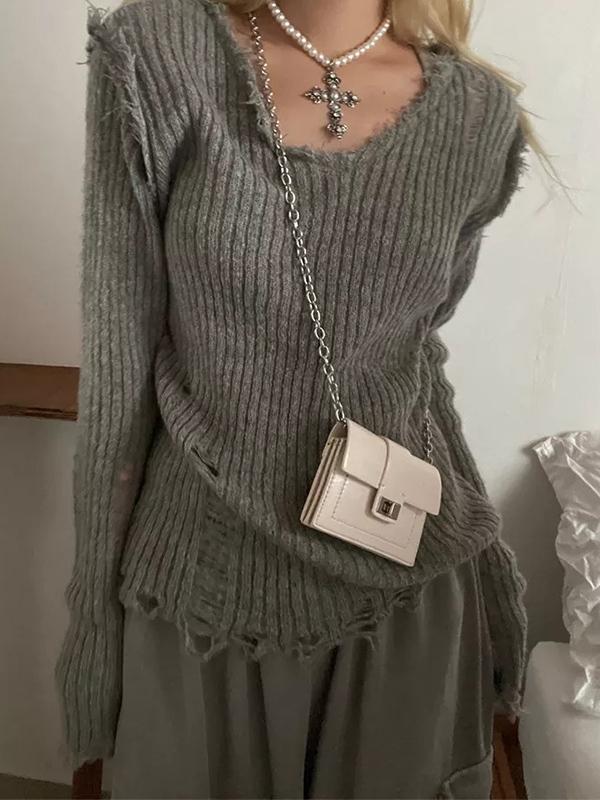 Ribbed Tattered V Neck Sweater Product Image