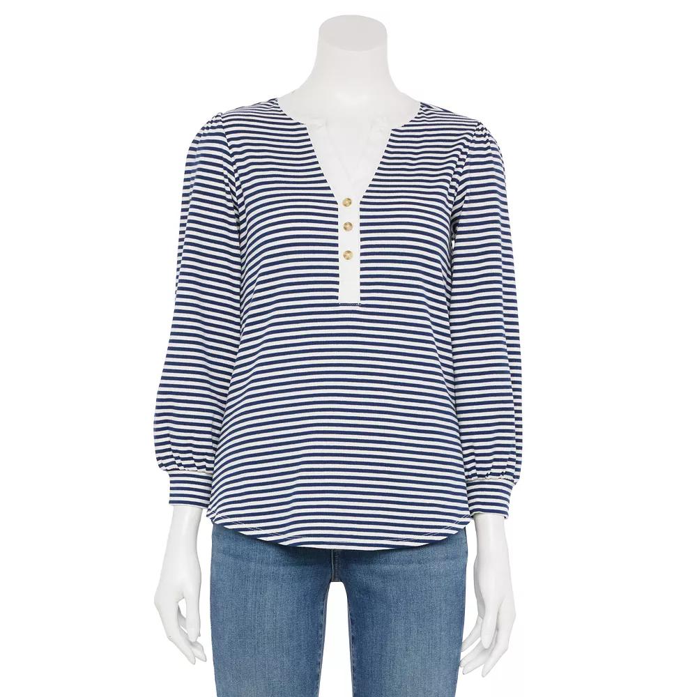 Women's LC Lauren Conrad Long Sleeve Henley Top, Size: XS, Blue Raleigh Stripe Product Image
