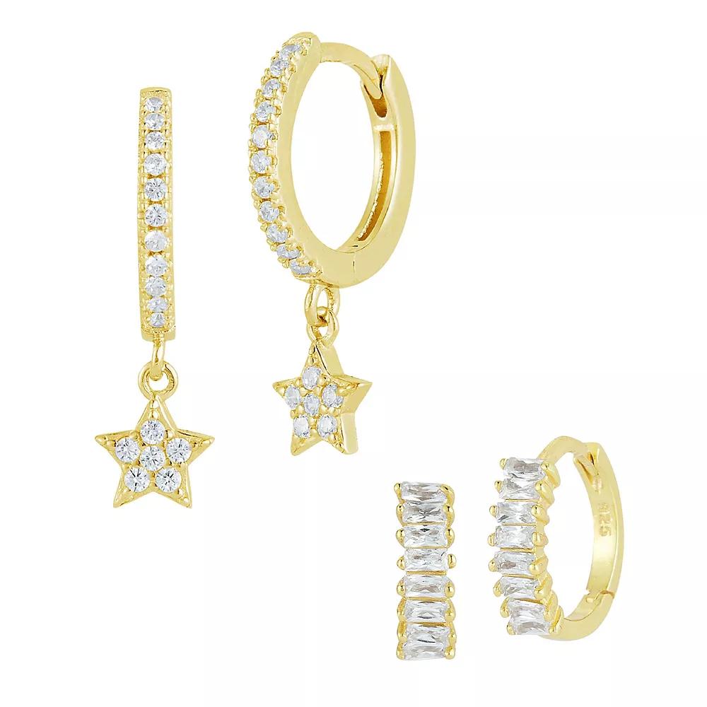 Sunkissed Sterling Cubic Zirconia Star Charm Huggie Hoop Earring Set, Women's, Gold Tone Product Image
