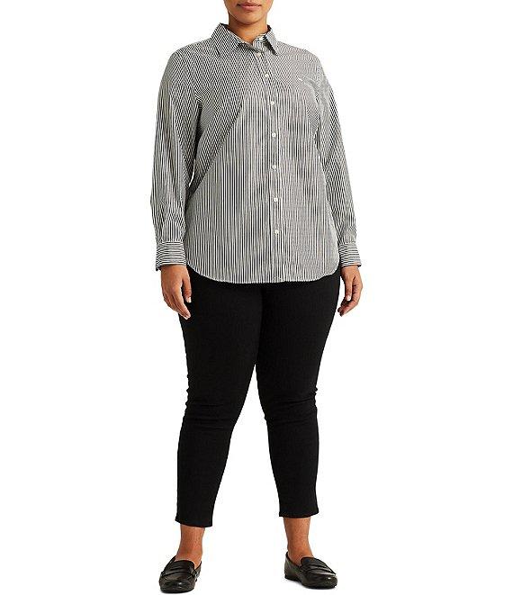 Lauren Ralph Lauren Plus Size Easy Care Striped Print Point Collar Shirttail Hem Long Sleeve Shirt Product Image