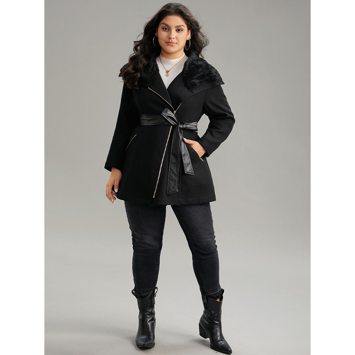 Plus Size Solid Zipper Belted PU Leather Knot Fuzzy Trim Coat Women Black Casual Plain Ladies Dailywear Winter Coats BloomChic 10/M Product Image