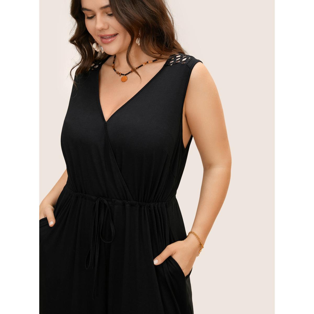 Plus Size Black V Neck Crocheted Cut Out Jumpsuit Women Boho Sleeveless V-neck Vacation Loose Jumpsuits BloomChic 14-16/1X Product Image