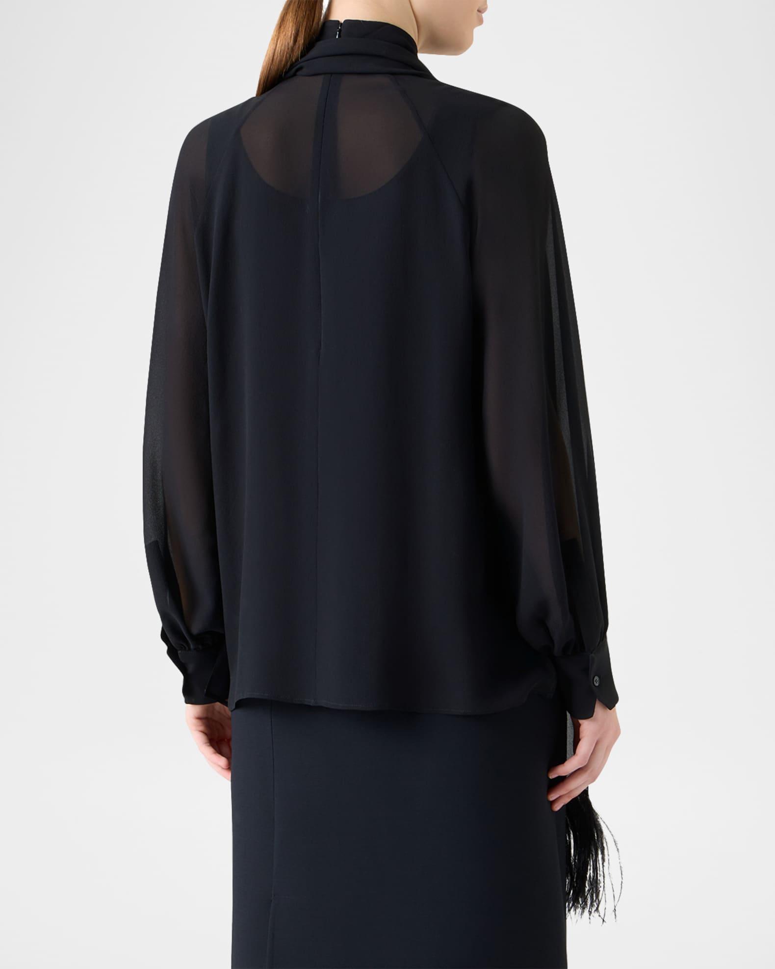 Feather-Trim Scarf Silk Georgette Blouse Product Image