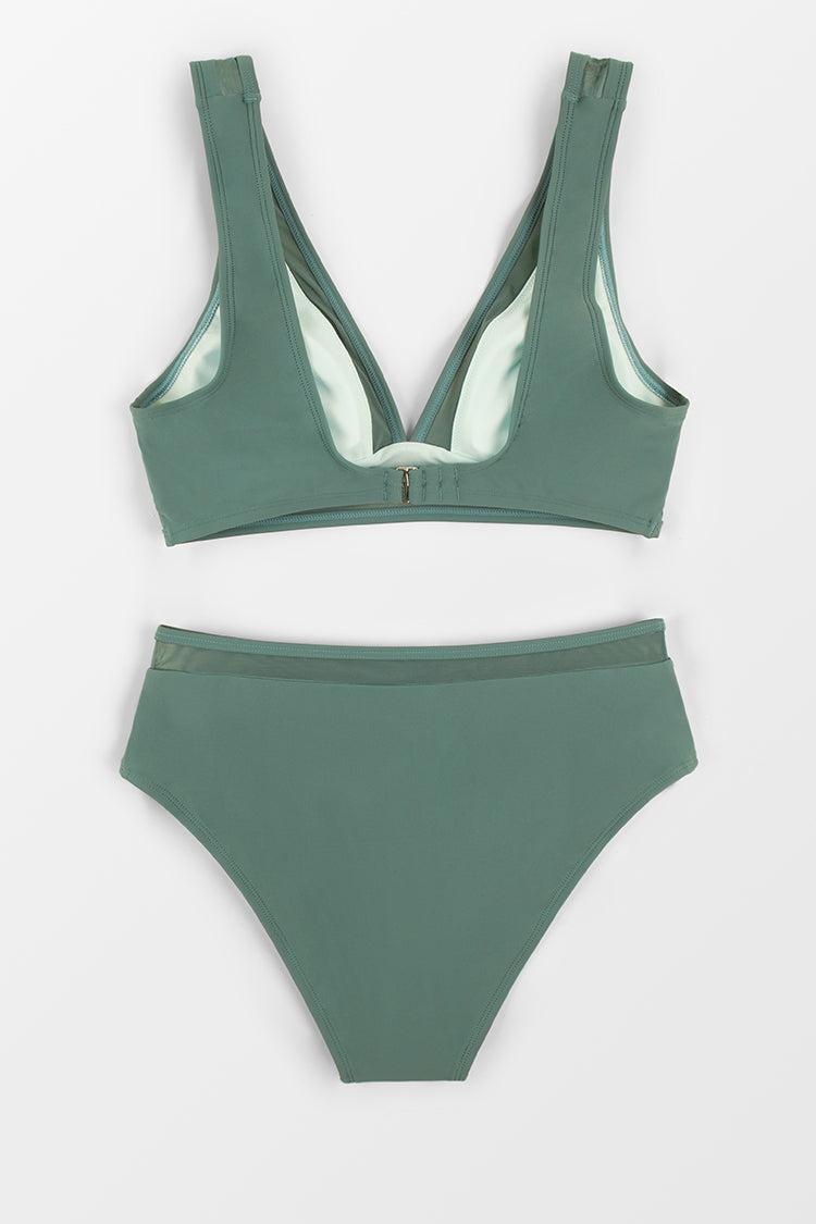 Deep V Neck Mid Waisted Backless Bikini Set Product Image