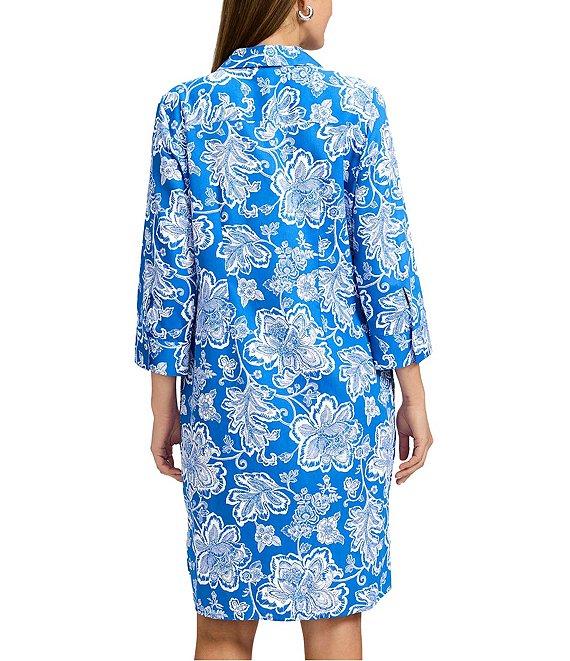 Foxcroft Rocca Cotton Sateen Floral Collage Print Point Collar 3/4 Sleeve Button-Front Shirt Dress Product Image